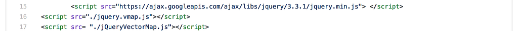 Script tags for jQuery, jquery.vmap.js, and jQueryVectorMap.js