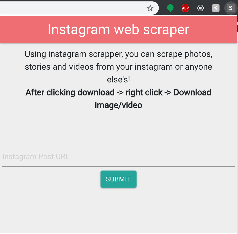 The extension's popup, with a field for an Instagram link and a download button