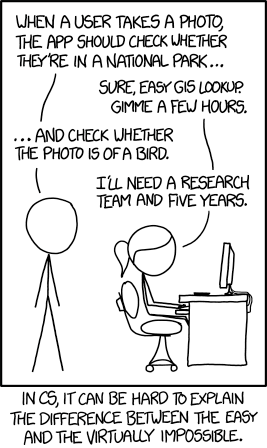 xkcd comic: a developer explains that checking which national park a photo is in takes a research team and five years